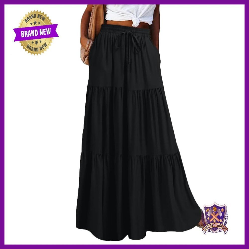 Flowy Maxi Skirt High Waisted Tiered Ruffle Pockets Cotton Boho